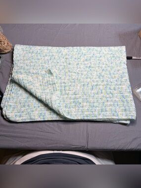 Handmade Light Blue, Pale Green & White Crochet Throw 45x32in